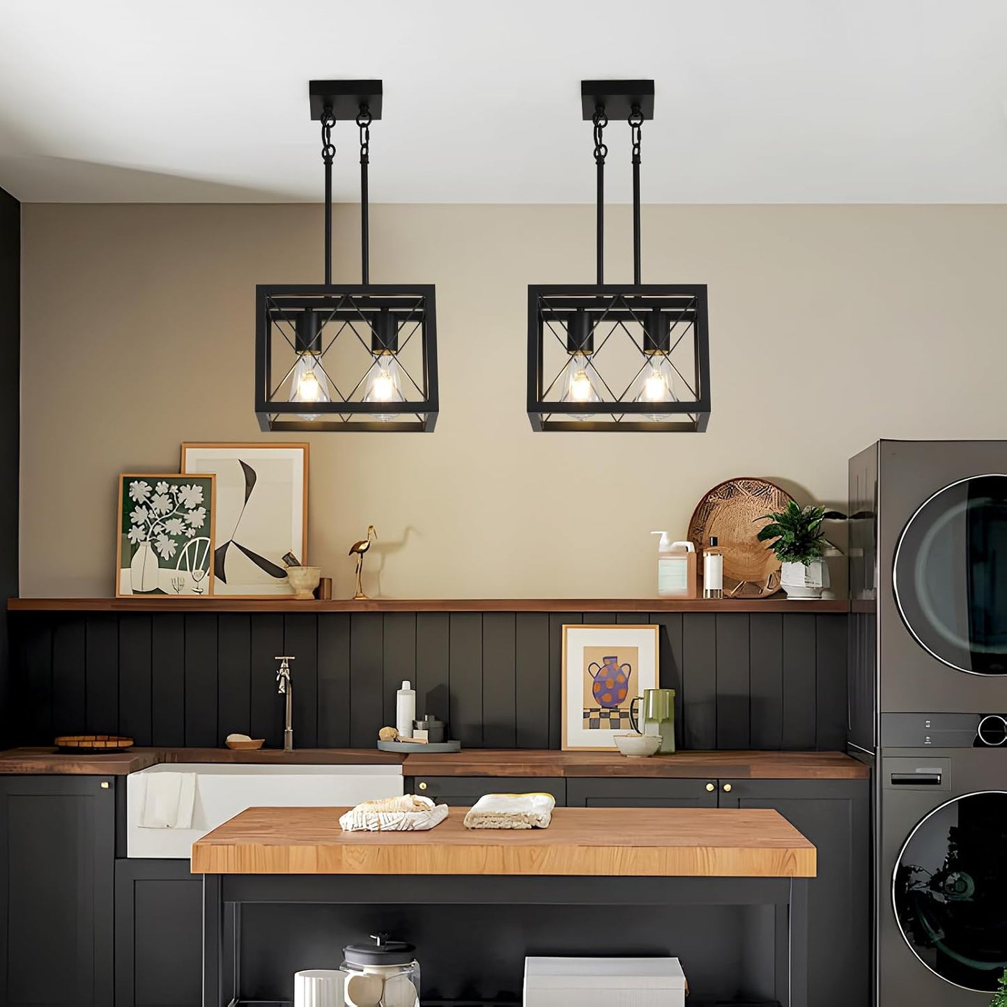 KEESFU Black Farmhouse Pendant Light, 2 Lights Small Kitchen Lighting Fixtures, Adjustable Height, Industrial Dining Room Light for Living Room Foyer Dining Table Over Sink.