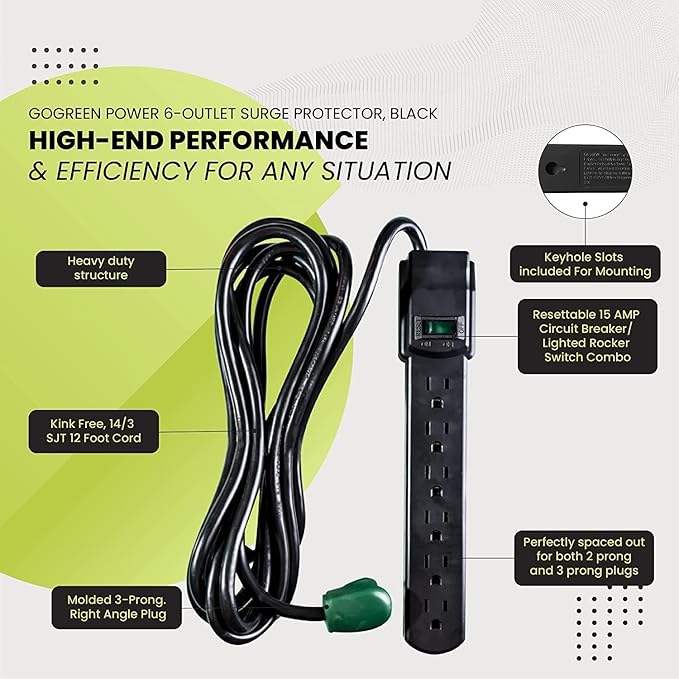 GoGreen Power Inc. 6 Outlet Surge Protector, 12FT Cord, 2 Pack - Image 5