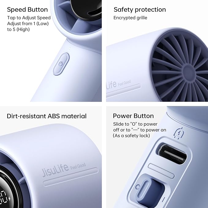 JISULIFE Handheld Turbo Fan, 5000mAh Rechargeable Portable Fans, 5 Speed Strong - Image 7