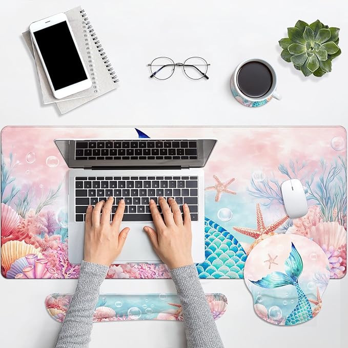 Britimes Pink Cute Deep Sea Mermaid Keyboard Mouse Pad Set 4in1 Large - Image 6