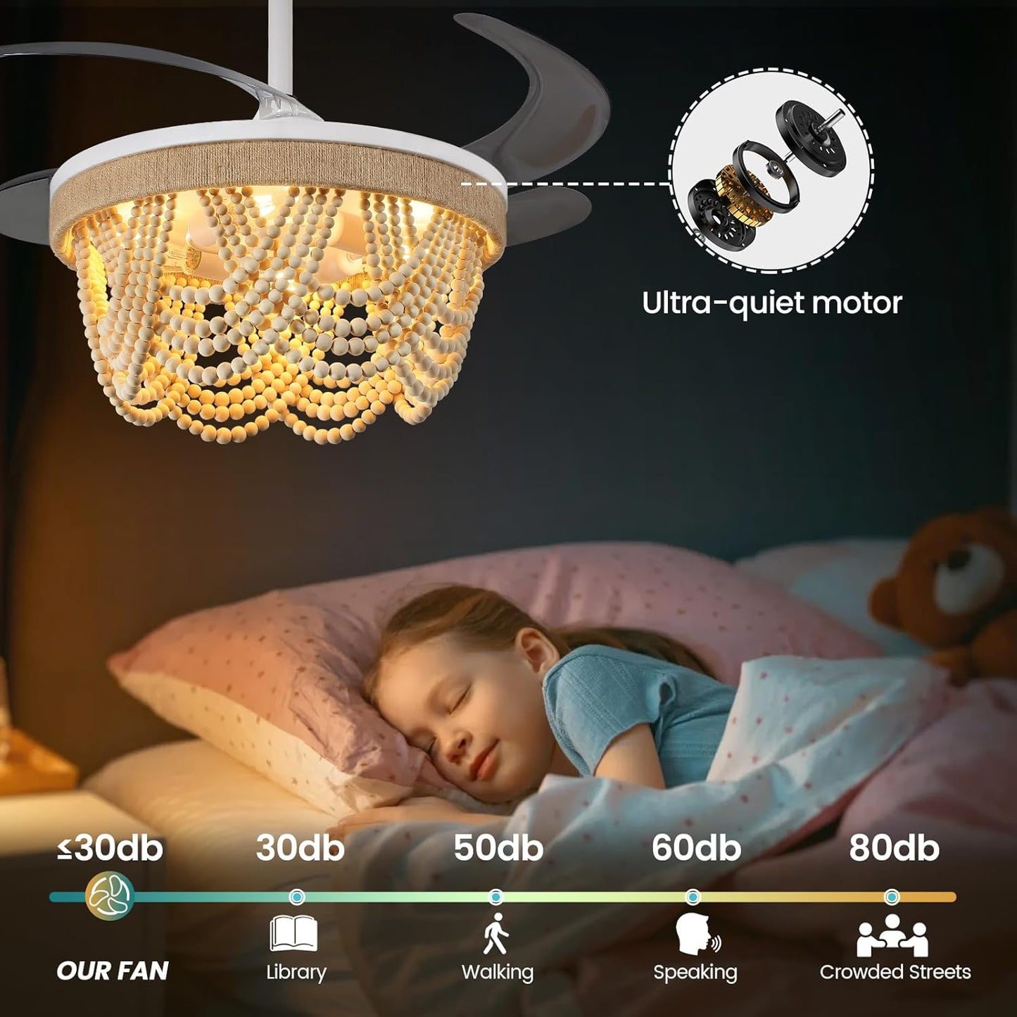 KAISITE Retractable Fandelier Ceiling Fan with Light 35" Boho Chandelier Ceiling Fan with Remote 6 Speeds Wood Beaded Semi-Flush Downrod Ceiling Fan Light for Bedroom Living Room