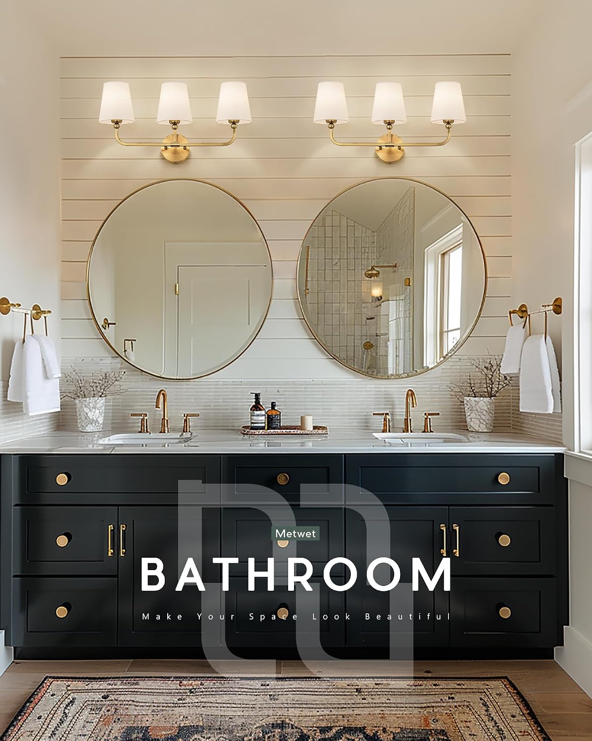 3-Light Brushed Gold Bathroom Vanity Light, White Fabric Shades | 24.5" bathroom light fixtures over mirror, upward only, E26 base, bulbs not included, VL837-BG-3