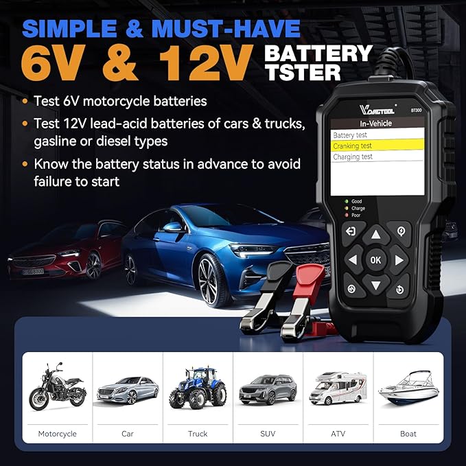 VDIAGTOOL BT300 Car Battery Tester 6V 12V, 5-3000 CCA Load Tester Starter - Image 7