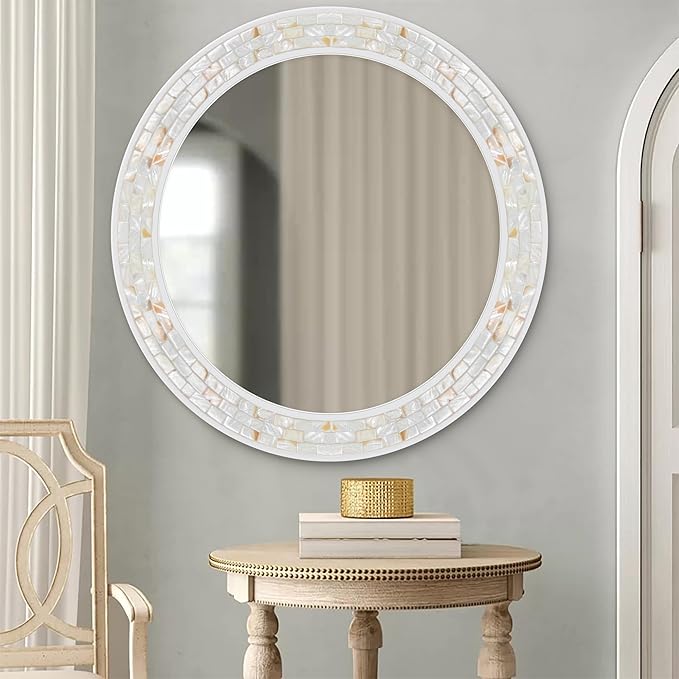 Tanmicoshomy 36 Inch Large Round Mirror, Natural Shell Inlay Framed Large - Image 4