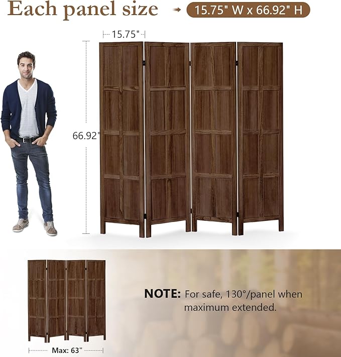 ALeesing 4 Panel Room Divider, 5.6Ft Wood Room Dividers and Folding Privacy - Image 2