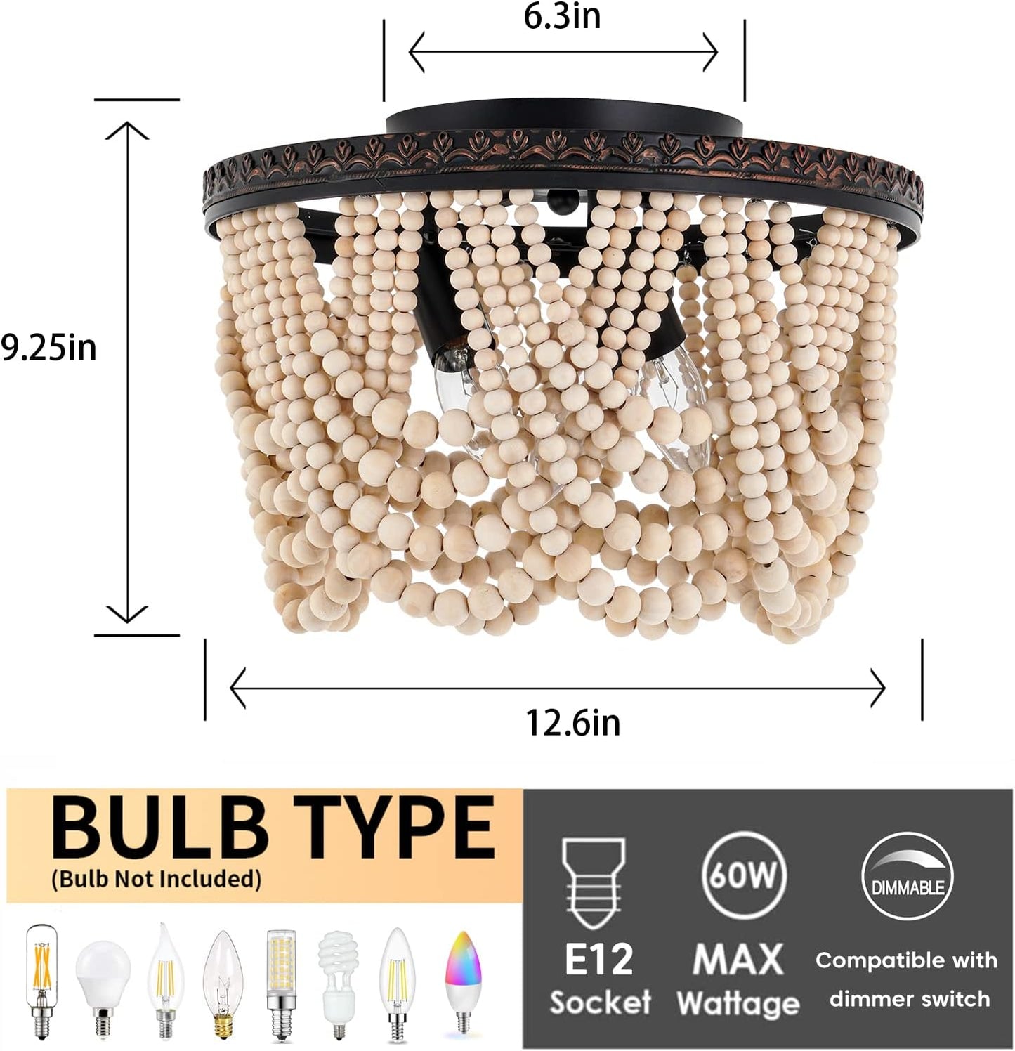Boho Wood Beaded Chandelier, Bohemia 3 Lights Flush Mount Ceiling Light Fixtures with Engraving Pattern, Farmhouse Chandeliers for Living Room Passway Foyer Entryway Hallway Nursery, Oil Rubbed Bronze