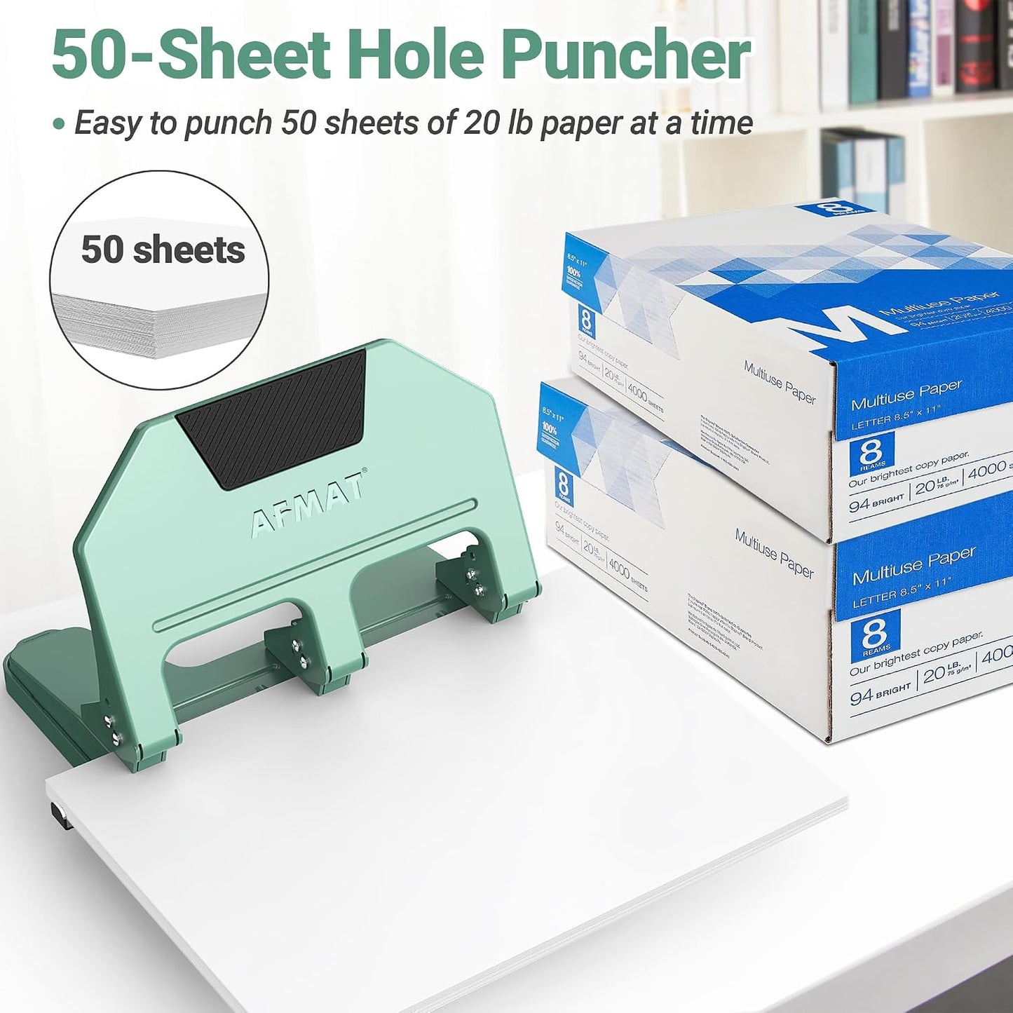 AFMAT 3 Hole Punch Heavy Duty, 9/32" Hole Diameter, 50-Sheet 3 Hole Puncher for Binder, 50% Reduced Effort, Metal Three Hole Punch w/ 10,000+ Uses, Bulit-in S.S. Paper Guide, Large Chip Tray, HPX5