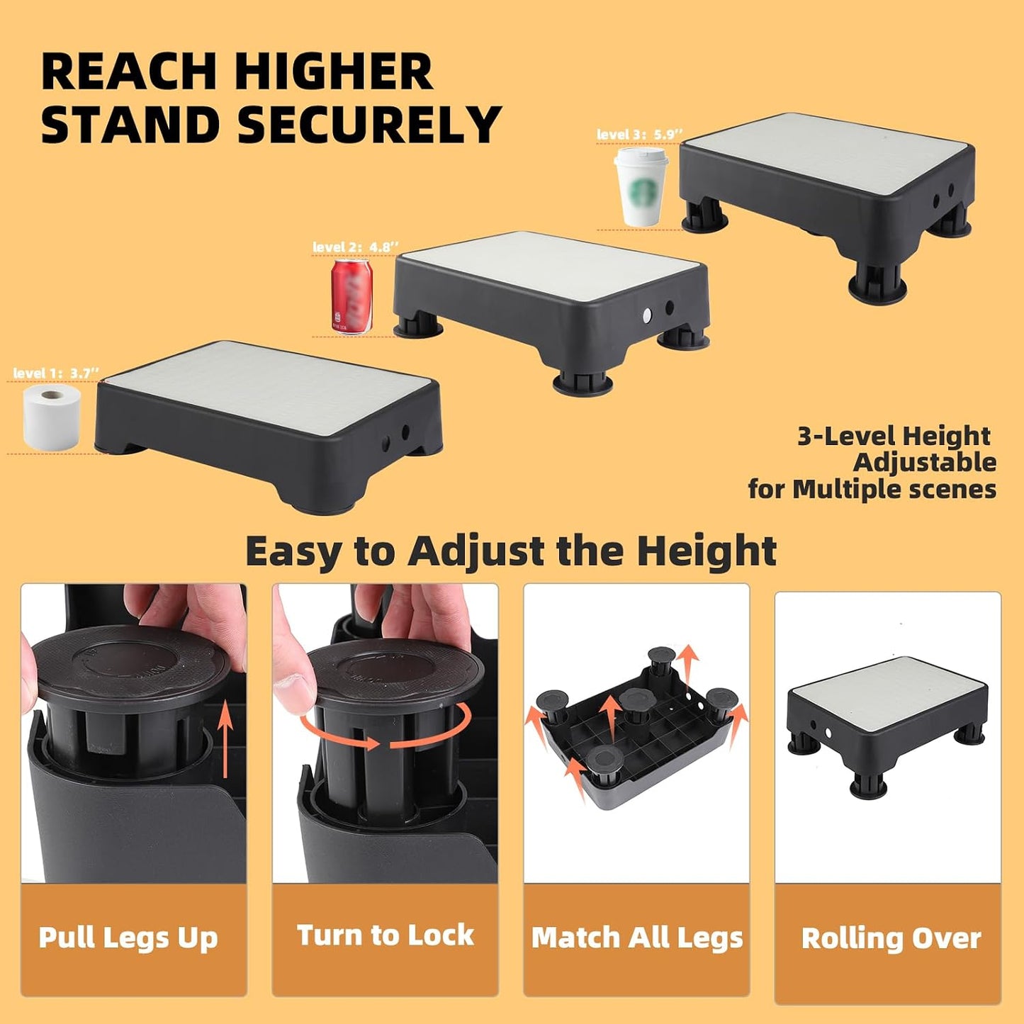 Adjustable Step Stool for Adults, Noctilucent Bed Step Stools, 660 LBS Capacity Non-Slip Safety Step Platform Indoor and Outdoor for Seniors and Kids, Wide Step Stools Elderly Assistance at Night