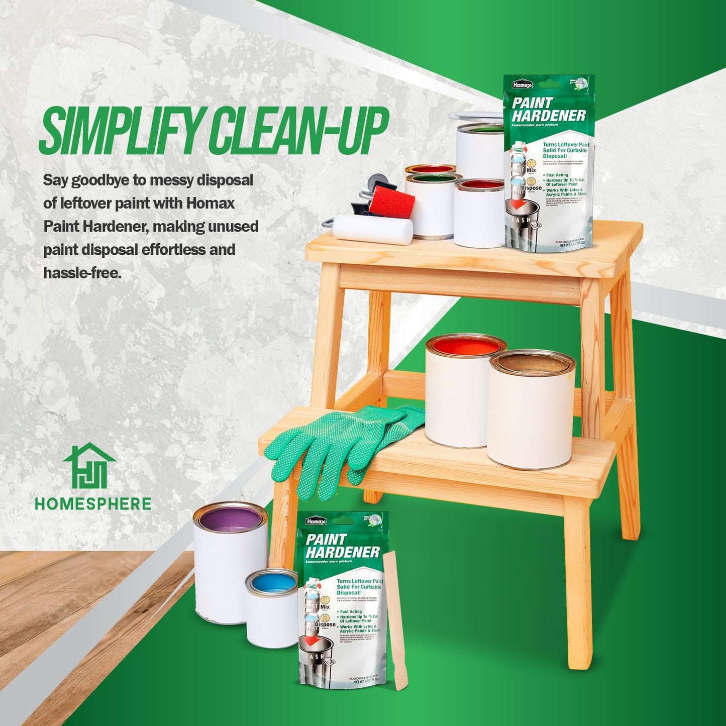HOMESPHERE Homax Paint hardener for Disposal, Paint Drying Powder, 12 Packs | 3.5oz Packets- Fast Acting Solidifier - for Acrylic & Latex Paint with 25 Pcs. of 14 Inch Wooden Stir Sticks