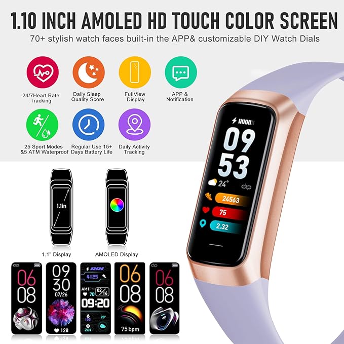 Fitness Tracker with 24/7 Heart Rate Blood Oxygen Sleep Monitor, 1.1" AMOLED - Image 2