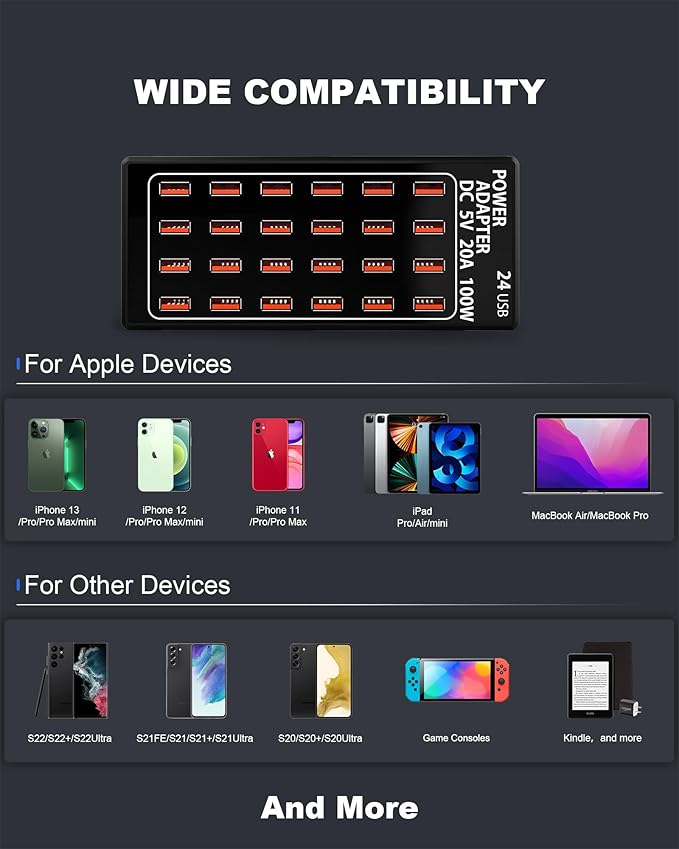 24-Port 100 watt USB Charging Station, Travel Desktop USB Rapid Charger - Image 5