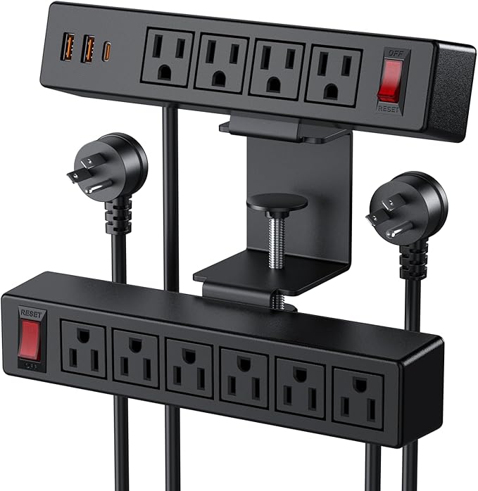 Desk Clamp Power Strip with PD20W USB-C, 2 in 1 Dual Layer Under Desk Power by VILONG