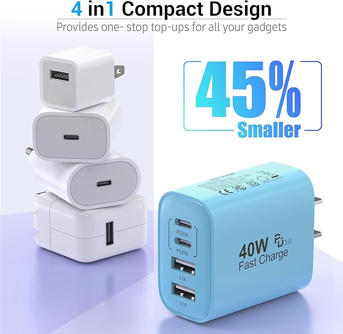 TT&C USB C Block 40W, 4 Ports Wall Plug Fast Charging Block, PD+QC Multiport - Image 5