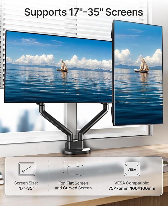 monTEK Dual Monitor Stand for 2 Screens 17 to 35 Inch, Heavy Duty Monitor Mount - Image 2
