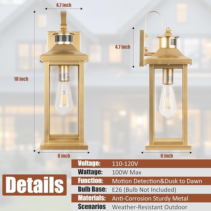 Roravilila 2-Pack Gold Dusk to Dawn Motion Sensor Lights 18 Inch, Large Outdoor - Image 6