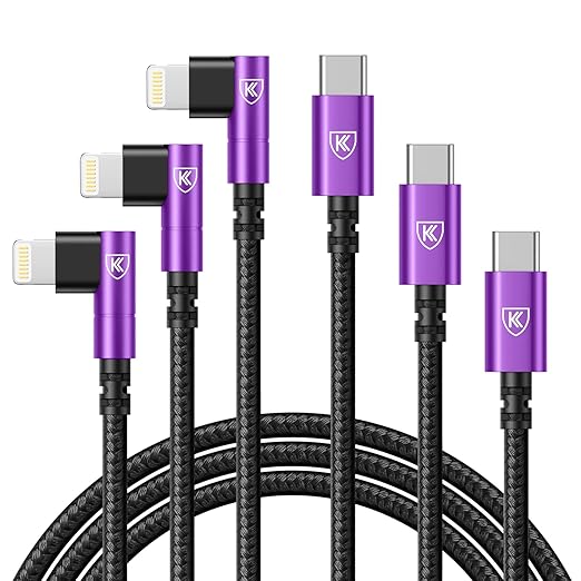 90 Degree USB C to Lightning 10FT, iPhone Charger Cables 3Pack Fast Charging by KIYODA
