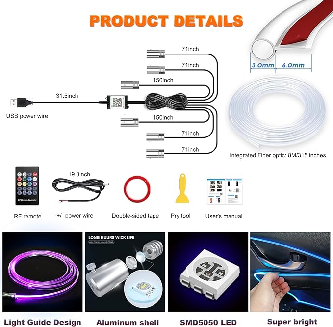 Jushope Car LED Strip Lights, USB Interior Ambient Lighting Kits - Image 7