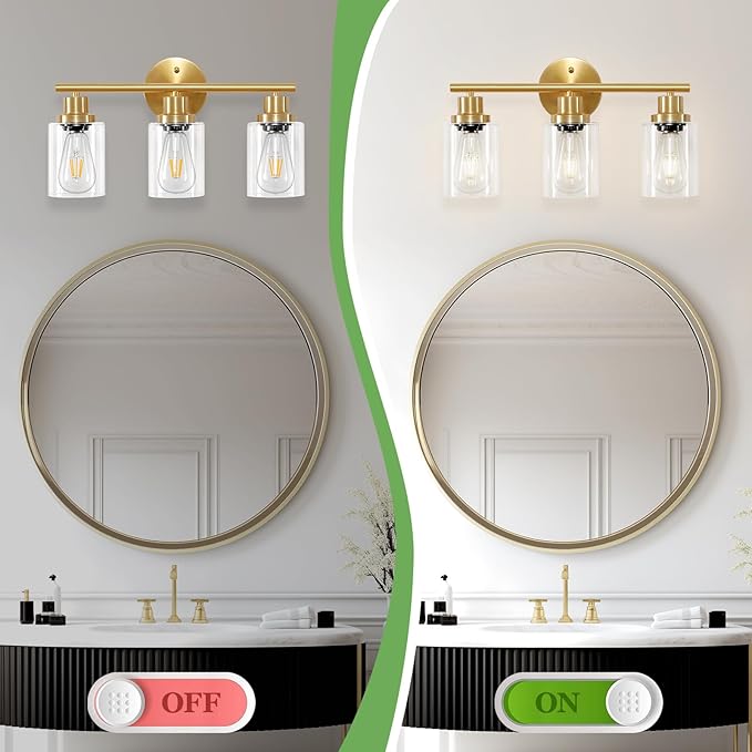 Guliaofo 3-Light Brushed Gold Vanity Lights, E26 Modern Bathroom Light Fixtures - Image 5