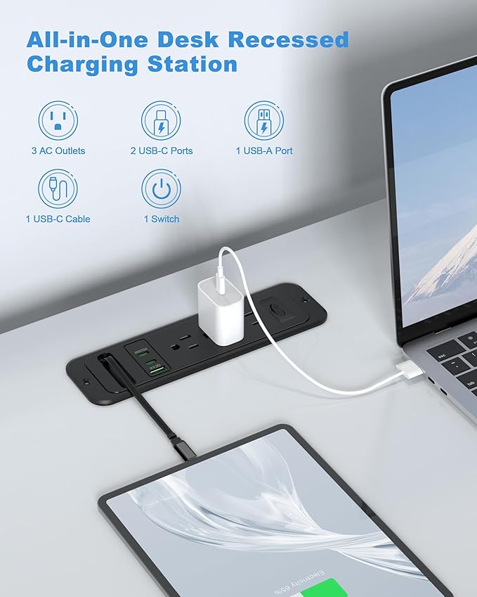 Recessed Power Strip with Retractable USB C Cable, 2 PD 20W USB C, Flush Mount - Image 3