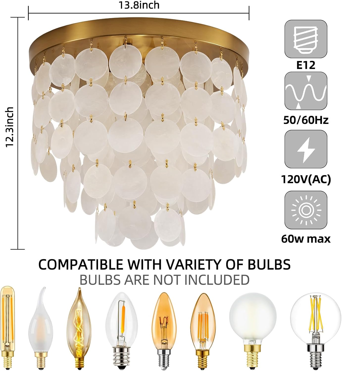 Capiz Shell Chandelier with 3 Tier Shell H12.3'' x D13.8'' Gold Metal Light Fixtures Flush Mount Chandeliers Modern Lighting Fixture for Bedroom Bathroom Office,(More Additional Shell Parts Included)