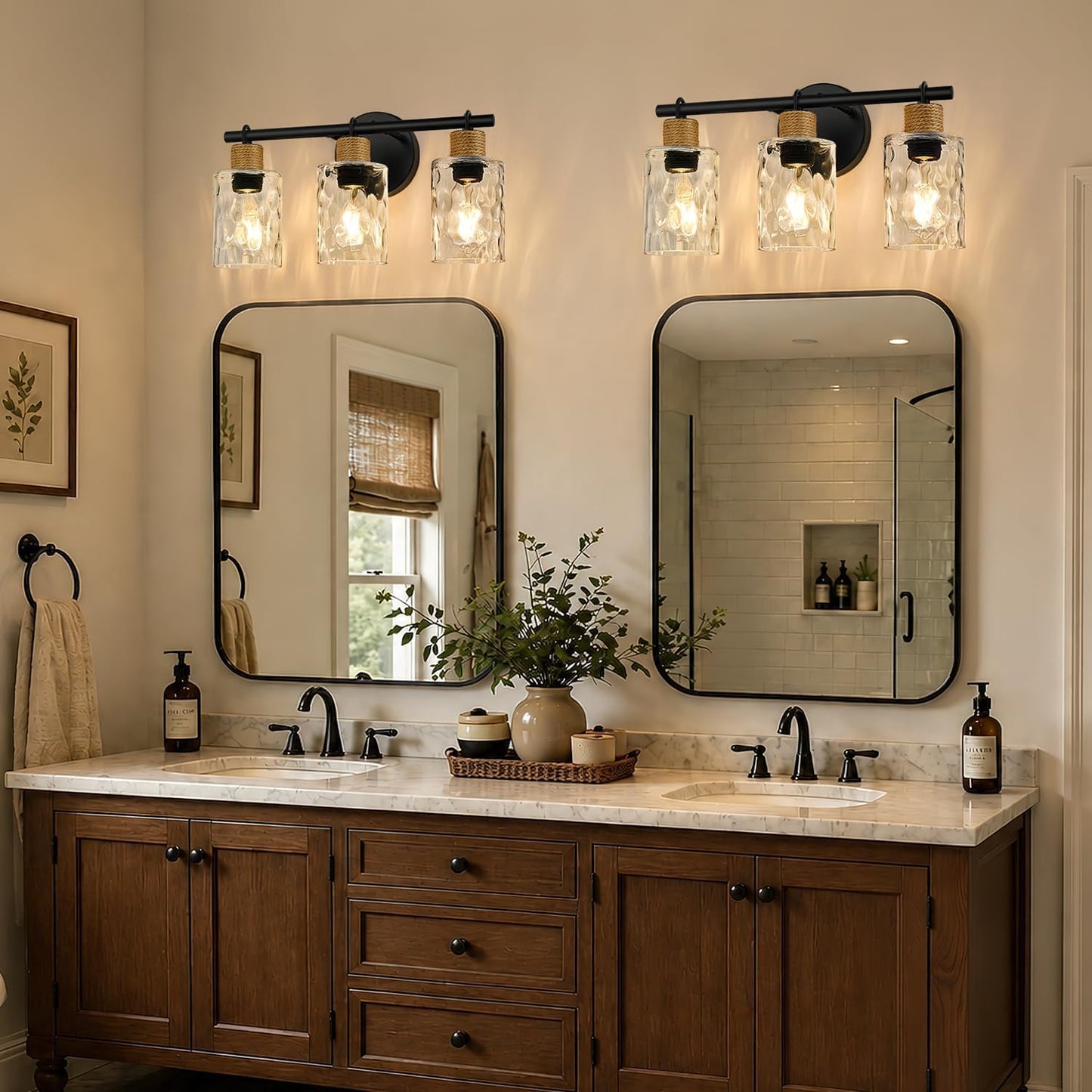MOKATNG Bathroom Light Fixtures, 3-Light Coastal Vanity Lights with Crystal Glass Shade, Black Bathroom Wall Lamp for Mirror Kitchen Hallway Cabinet