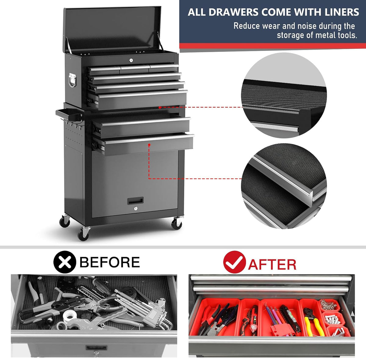 airaj tool chest 8-drawers, 42'' large rolling tool, close-up detail
