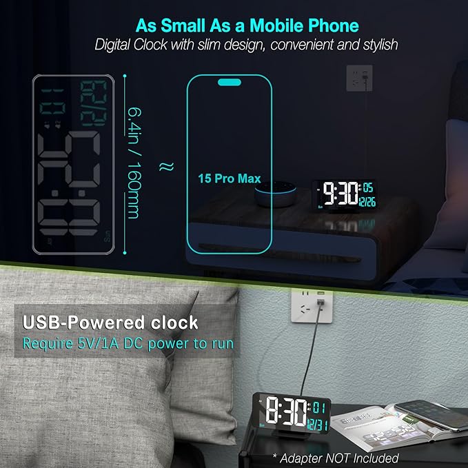 KOSUMOSU Digital Alarm Clock 6.7in Black Clock - Image 2