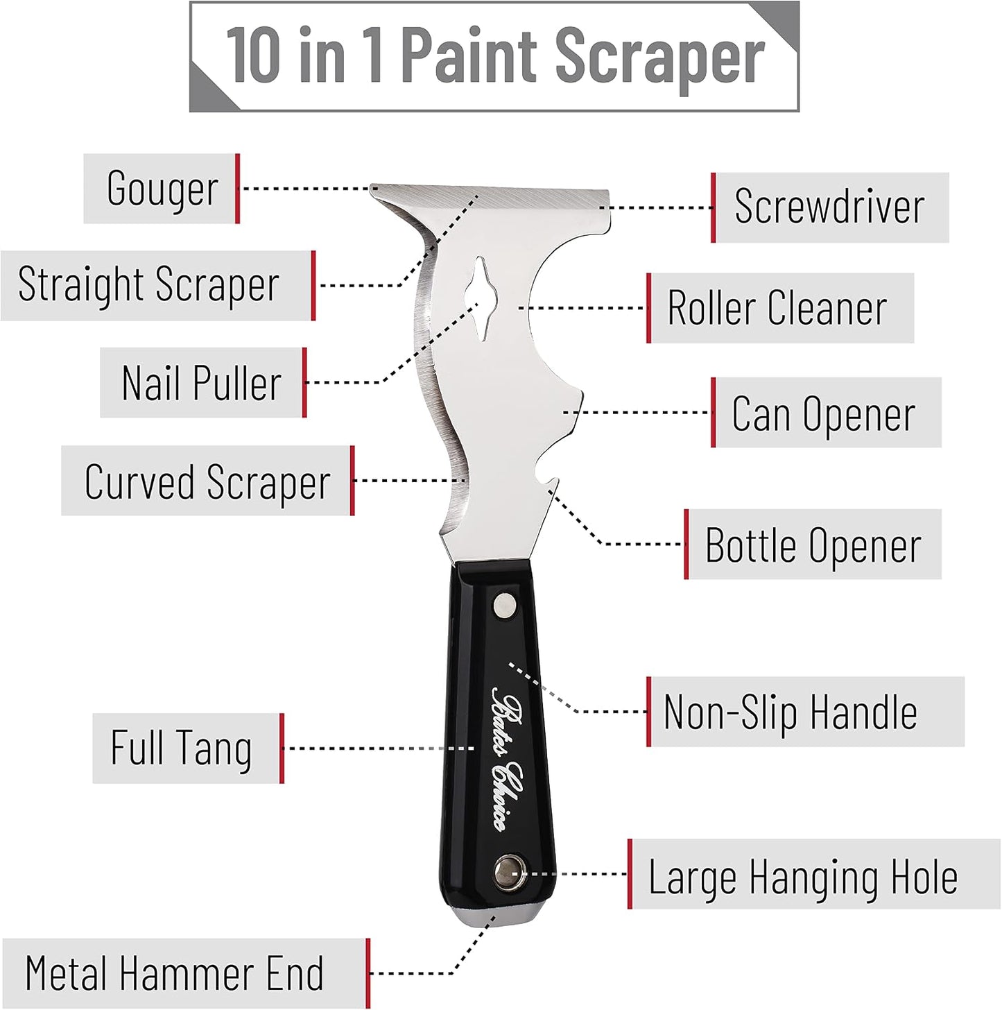 Bates- Paint Scraper, 10 in 1 Painters Tool, Scraper for Wood | for Paint Removal and Surface Cleaning