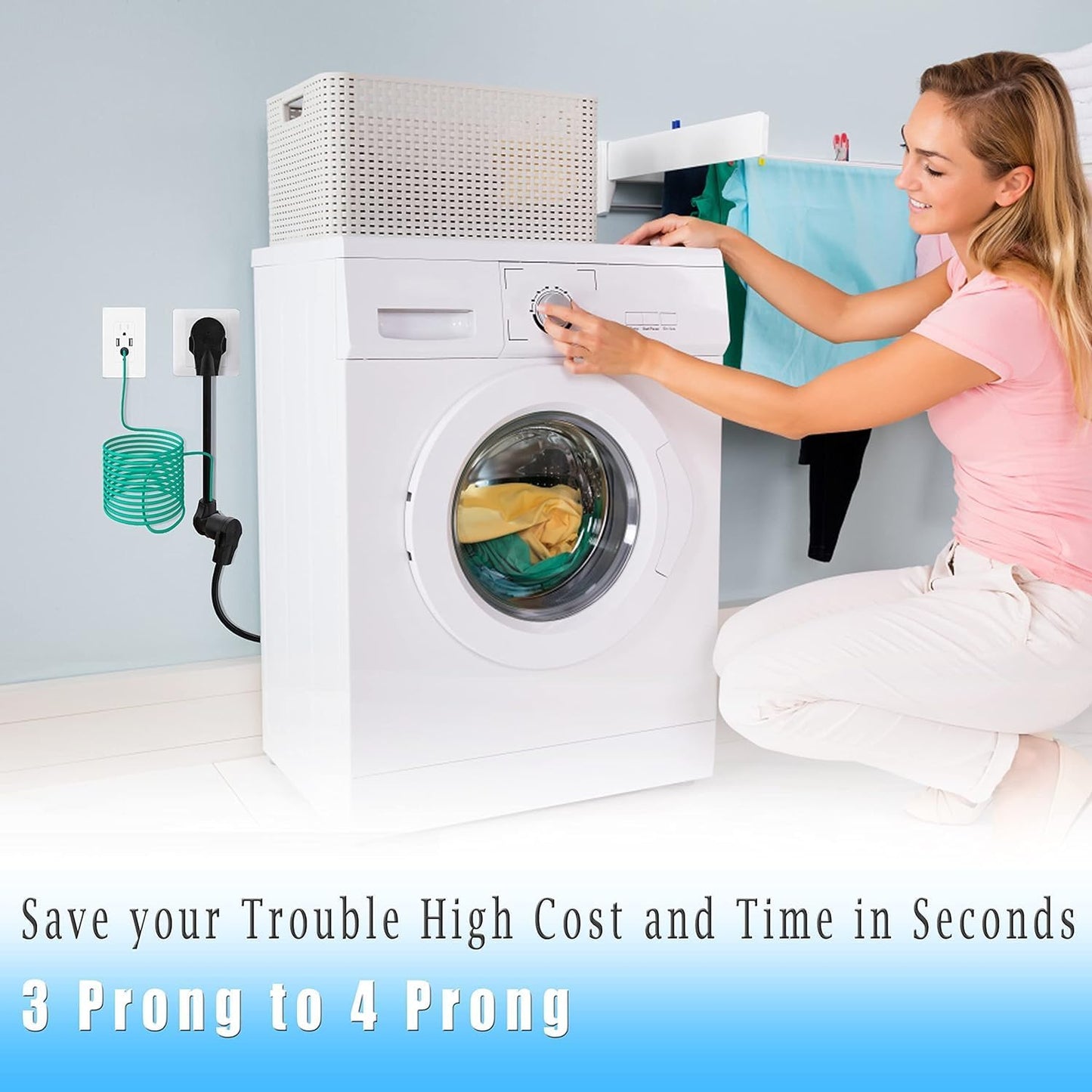 Dryer Adapter 4 Prong to 3 Prong, 4P Newer Dryer to 3P Older House, Dryer Convert Cord NEMA 10-30P Plug to 14-30R Receptacle, 220V 30 Amp 10 AWG STW 1.5FT with Safety Ground Wire