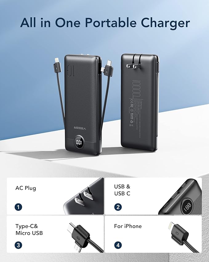 VEGER Portable Charger for iPhone Built in Cables and Wall Plug, 10000mah Slim - Image 2