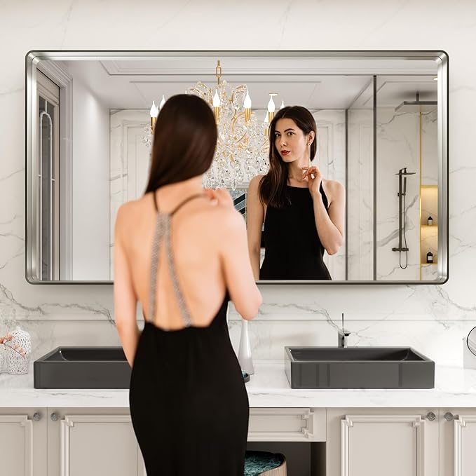 LOAAO 84X32 Inch Brushed Nickel Bathroom Mirror, Rounded Rectangle Silver Metal - Image 2