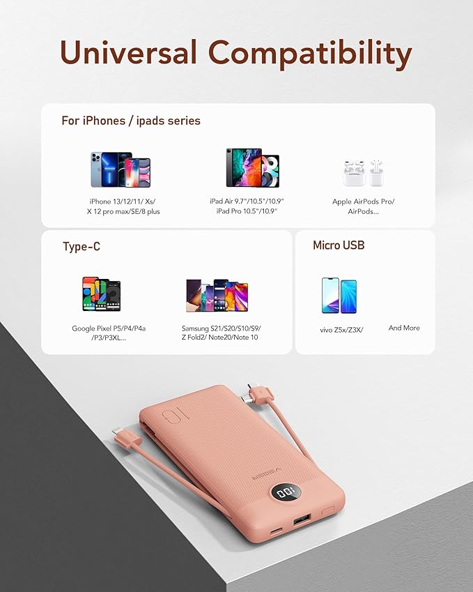 VEGER Portable Charger for iPhone Built in Cables and Wall Plug, 10000mah Slim - Image 9