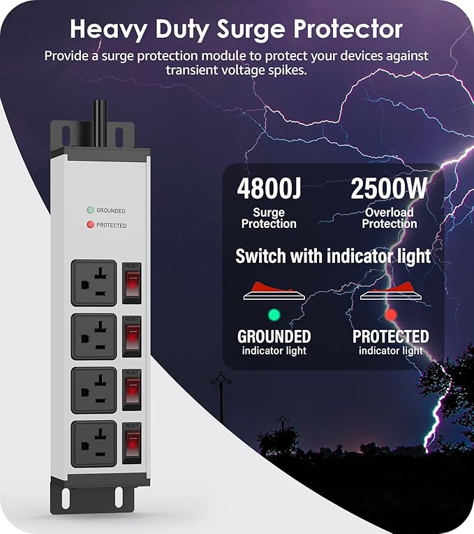 CCCEI Heavy Duty Surge Protector Power Strip 20 Amp Individual Switches. 25FT - Image 2