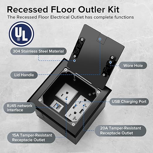 Vagueior Recessed Flat Hidden Floor Electrical Outlet Box Kit, Stainless Steel - Image 2