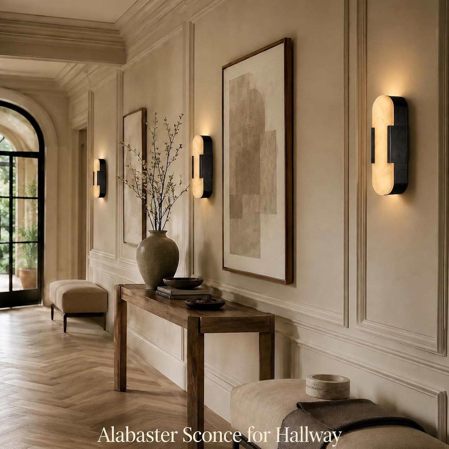 Alabaster Wall Sconces Set of 2, 13.8" Black Natural Marble Wall Sconce, Hardwired Bathroom Vanity Lights, Modern Indoor Wall Lighting for Bedroom, Living Room, Hallway, Stairs, 3000K Warm Light