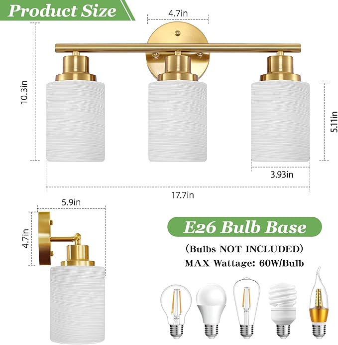 Guliaofo 3-Light Bathroom Light Fixtures, Vanity Lights - Image 2