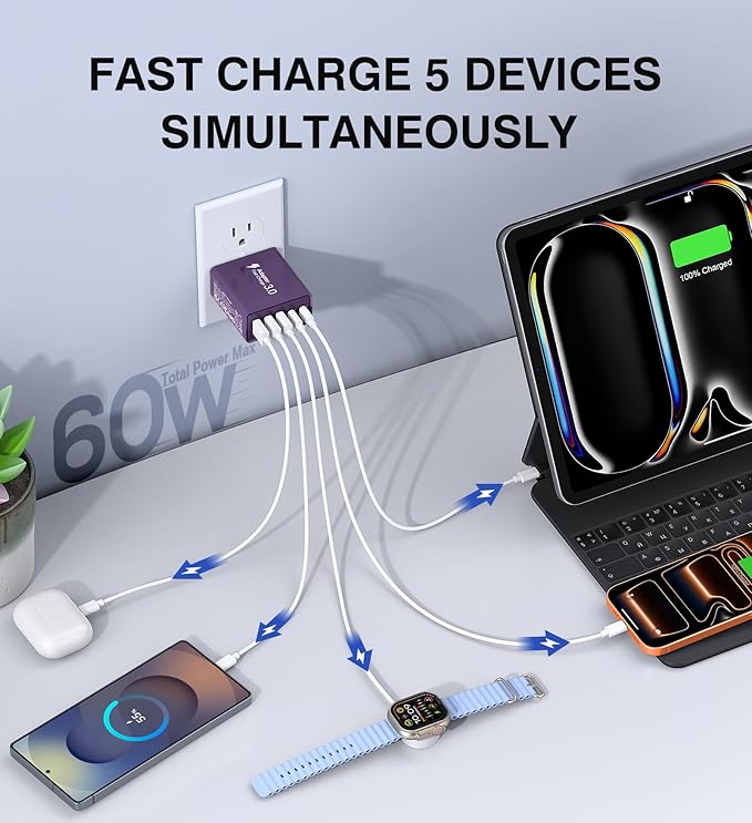 USB C Wall Charger, 60W Charger Block 5-Port PD Fast Charging Blocks, Type C - Image 2