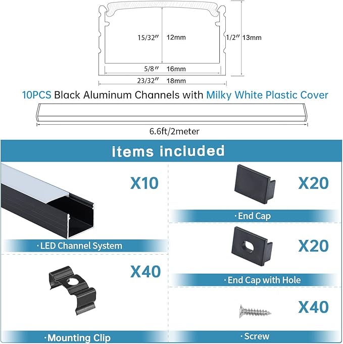 Muzata 10Pack 6.6FT/2M Plus-Size Spotless LED Channel Black LED Strip Diffuser - Image 2
