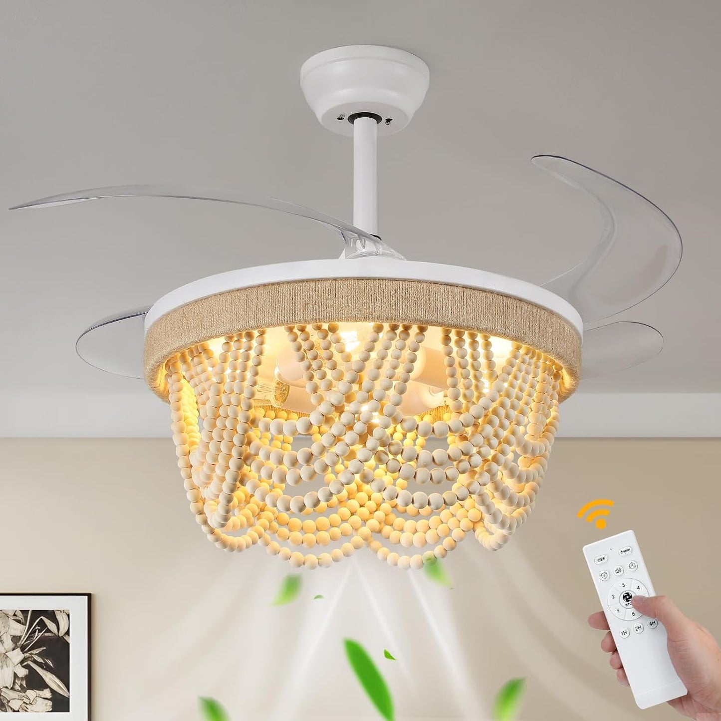KAISITE Retractable Fandelier Ceiling Fan with Light 35" Boho Chandelier Ceiling Fan with Remote 6 Speeds Wood Beaded Semi-Flush Downrod Ceiling Fan Light for Bedroom Living Room