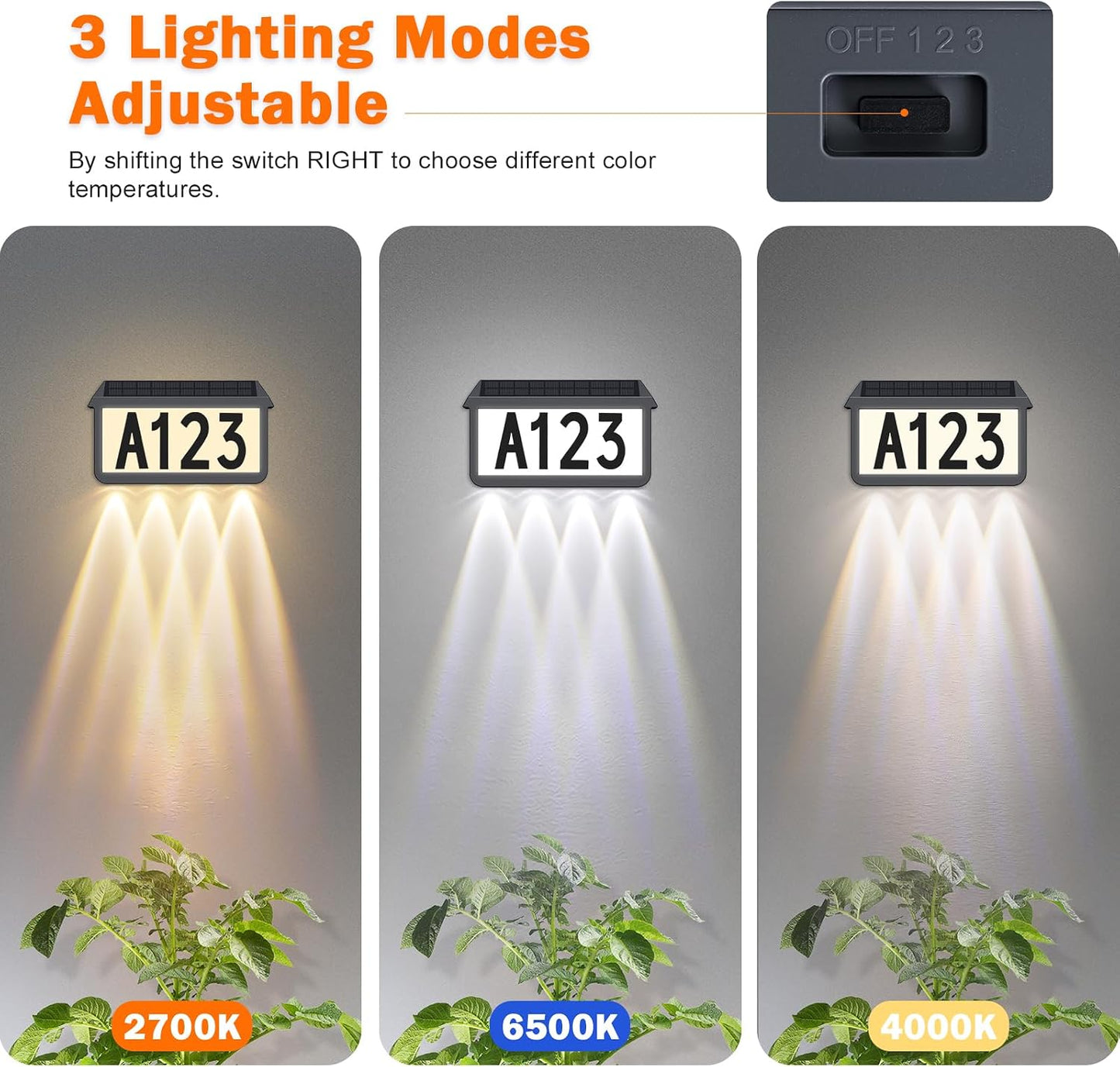 Solar Address Signs, House Number for Outside Waterproof, 3-Color LED Illuminated Address Plaques with Stake, Wall Mounted Solar Powered Light Up Address Numbers for Houses, 1-Pack, Grey