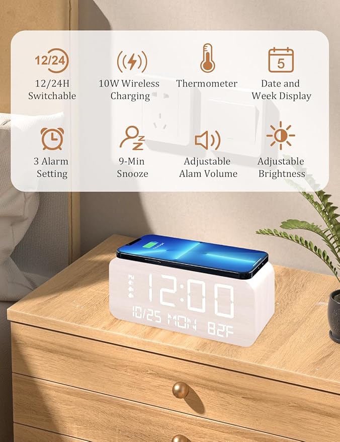 JALL Digital Alarm Clock, with Wooden Electronic LED Time Display, 3 Alarm - Image 5