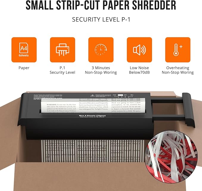 Suntiko Small Paper Shredder for Home, 6 Sheet Strip Cut Paper Shredder Without - Image 2