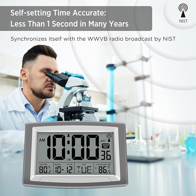 WallarGe Atomic Clock with Outdoor and Indoor Temperature - Image 3