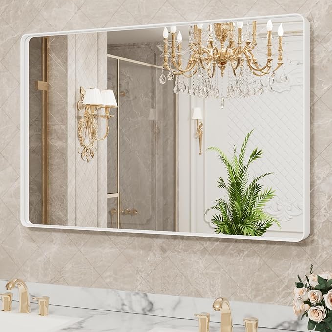 LOAAO 40x30 Inch White Metal Framed Bathroom Mirror - Image 4