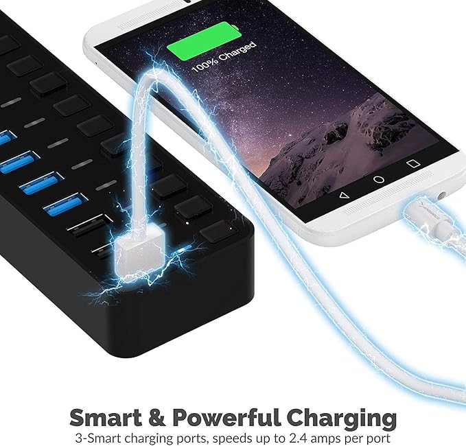 SABRENT 10-Port USB 3.0 Hub, Individual Power Switches and LEDs, 3 Smart - Image 4