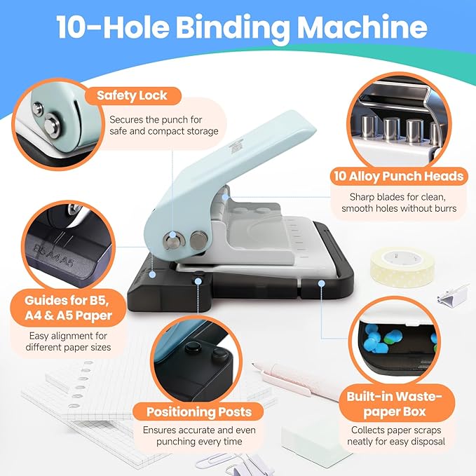 10-Hole Binding Machine for Planners, Metal Punch Loose Leaf Tool 26 Holes for - Image 2
