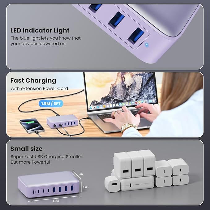 USB C Charger 200W USB C Charger Block GaN III 8-Port Fast Charging Station PD - Image 5