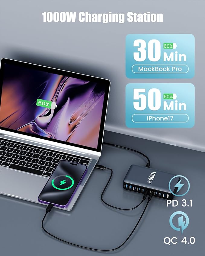 1000W USB C Charger Block, 10-Port USB C Charging Station GaN IV Travel - Image 5