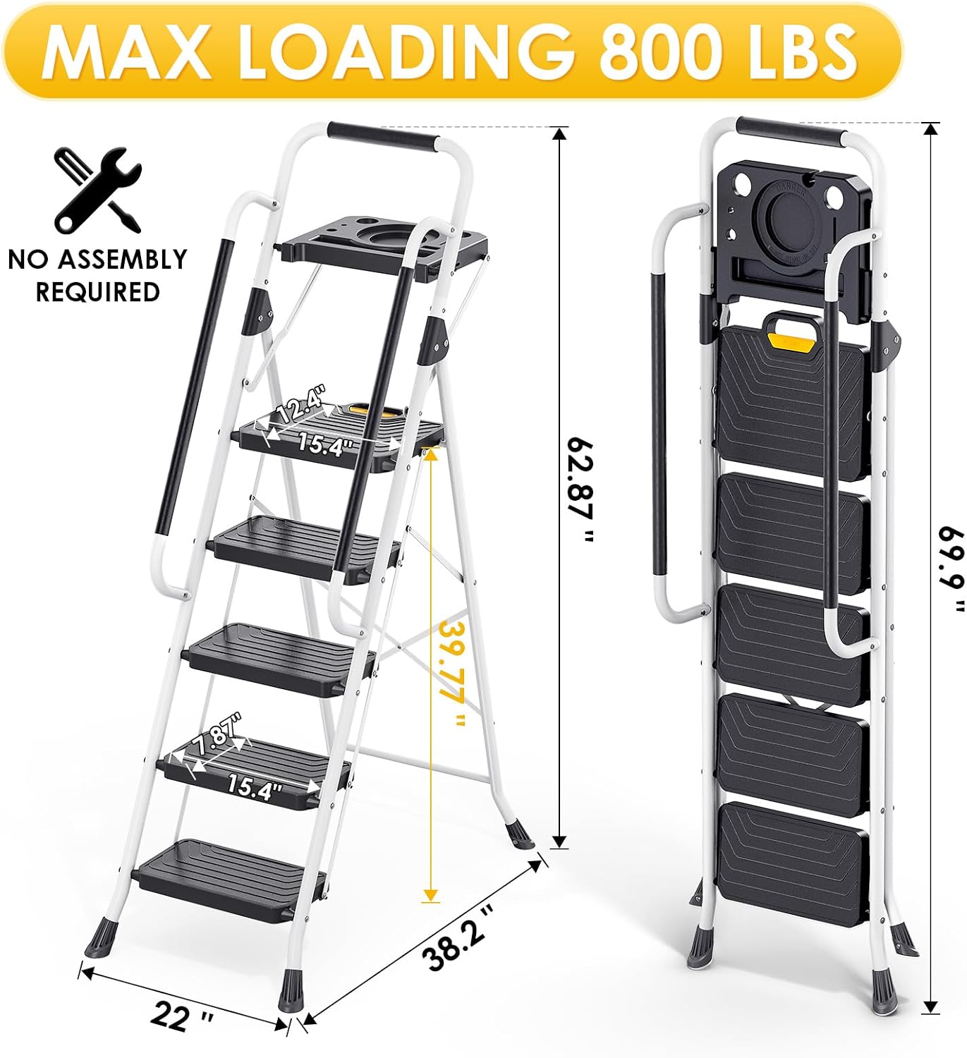 TOOLF 5 Step Ladder with Anti-Slip Wide Pedals, Handrail, Safe-Lock Design | Sturdy Steel Step Stool, Folding Portable Ladder for Multi-Purpose, Home, Kitchen, Pass 800lbs Load Testing, White