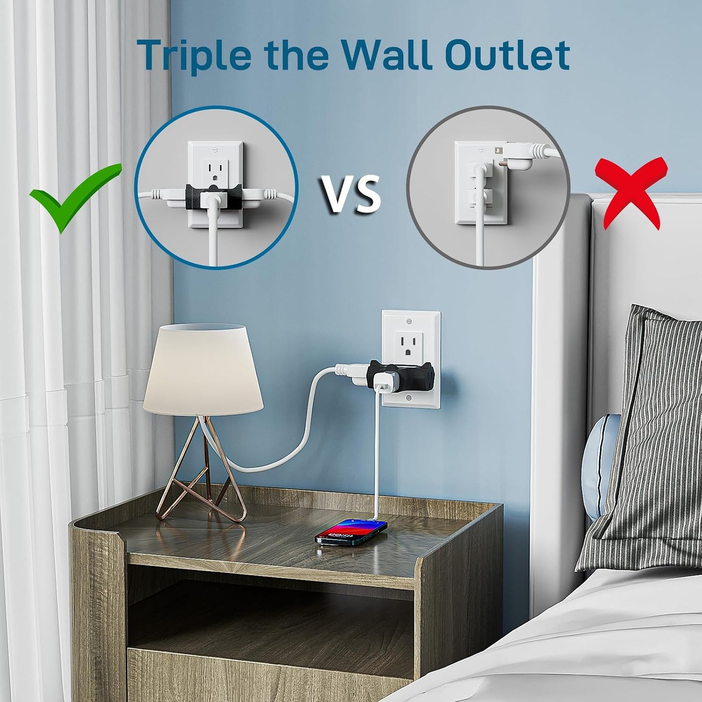 K KASONIC 3 Outlet Grounding Adapter, Heavy Duty Plug Extender 3 Pack Black